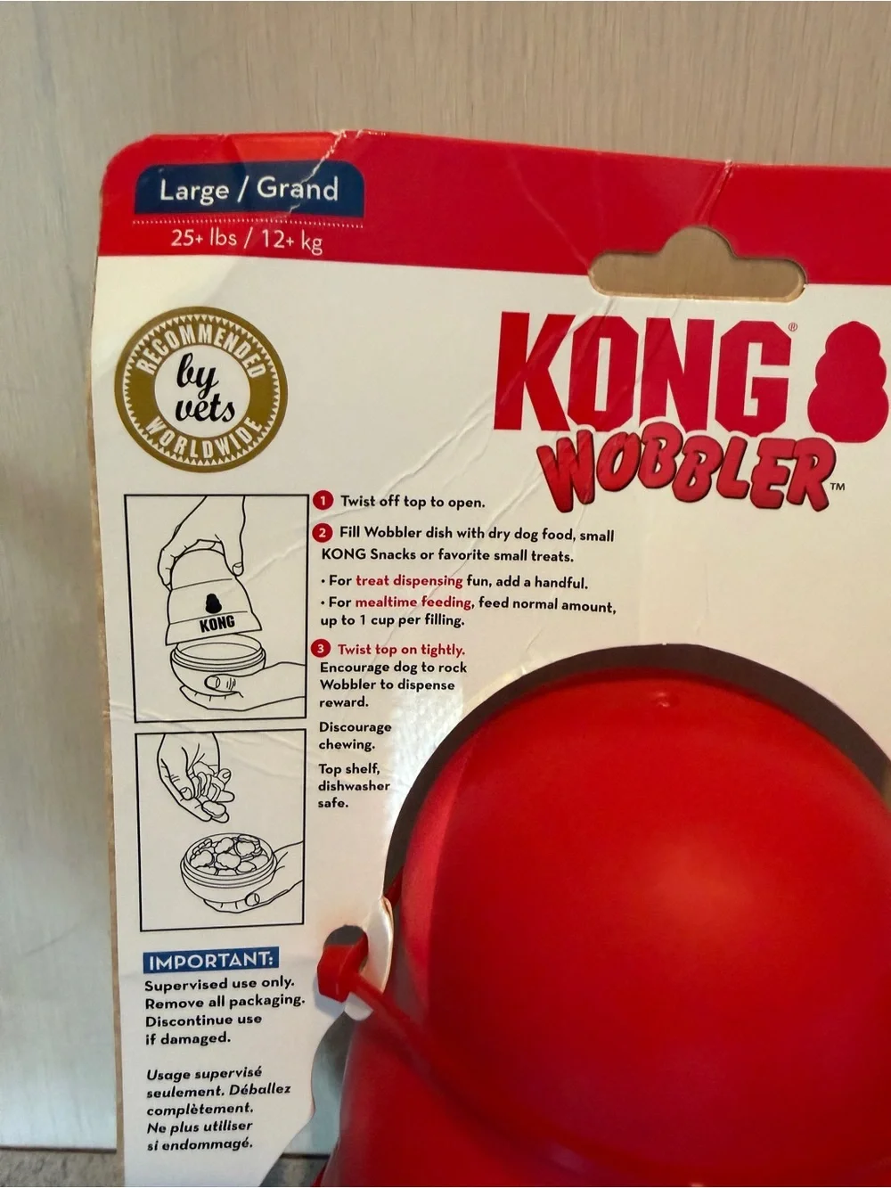 New Large Kong Wobbler Dog Treat Dispensing Toy Large 25+ lbs Twist off Top